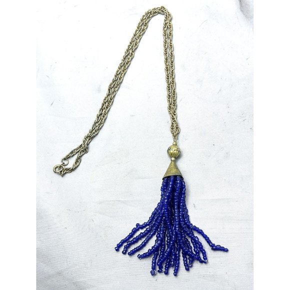 Vintage Blue Beaded Tassel Necklace